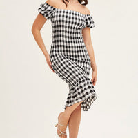 Check Shirred Midi Dress