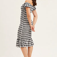 Check Shirred Midi Dress