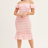 Check Shirred Midi Dress