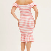 Check Shirred Midi Dress
