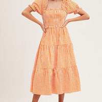 Check Short Sleeve Shirred Midi Dress