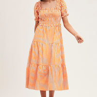 Check Short Sleeve Shirred Midi Dress