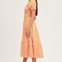 Check Short Sleeve Shirred Midi Dress