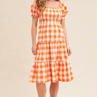 Check Short Sleeve Shirred Midi Dress