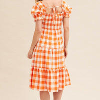 Check Short Sleeve Shirred Midi Dress