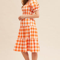 Check Short Sleeve Shirred Midi Dress