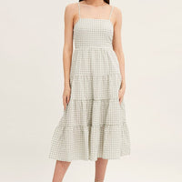 Check Sleeveless Backless Tiered Midi Dress