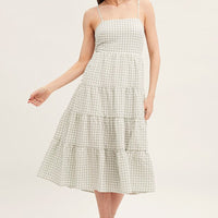 Check Sleeveless Backless Tiered Midi Dress