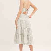 Check Sleeveless Backless Tiered Midi Dress