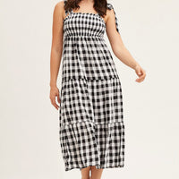 Check Tied Shoulder Midi Dress
