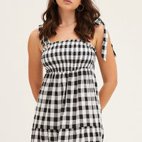 Check Tied Shoulder Midi Dress