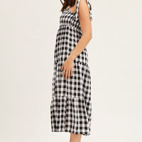 Check Tied Shoulder Midi Dress