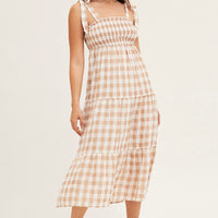 Check Tied Shoulder Midi Dress