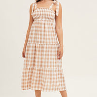 Check Tied Shoulder Midi Dress