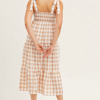 Check Tied Shoulder Midi Dress