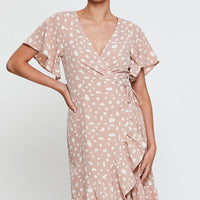 Geo Print Wrap Dress Short Sleeve Ruffle Hem