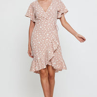 Geo Print Wrap Dress Short Sleeve Ruffle Hem
