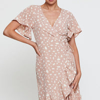 Geo Print Wrap Dress Short Sleeve Ruffle Hem
