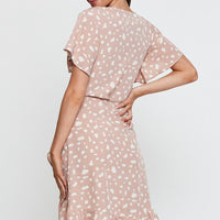 Geo Print Wrap Dress Short Sleeve Ruffle Hem