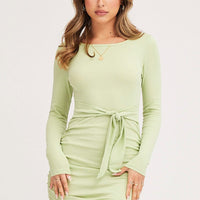 Green Bodycon Dress Long Sleeve Midi Ruched