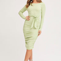 Green Bodycon Dress Long Sleeve Midi Ruched