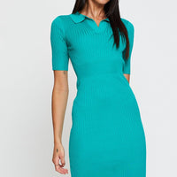 Green Dress Short Sleeve Midi Collared Knit
