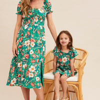 Green Floral Short Puff Sleeve Midi Slit Dress
