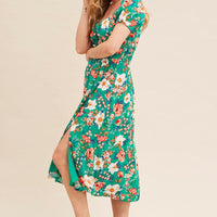 Green Floral Short Puff Sleeve Midi Slit Dress