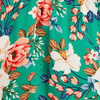 Green Floral Short Puff Sleeve Midi Slit Dress