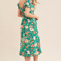 Green Floral Short Puff Sleeve Midi Slit Dress