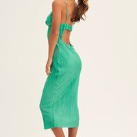 Green Slip Dress Midi Plisse Satin