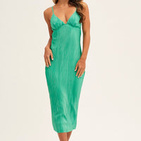 Green Slip Dress Midi Plisse Satin