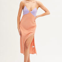 Multi Slip Dress Midi V Neck Colour Block Satin