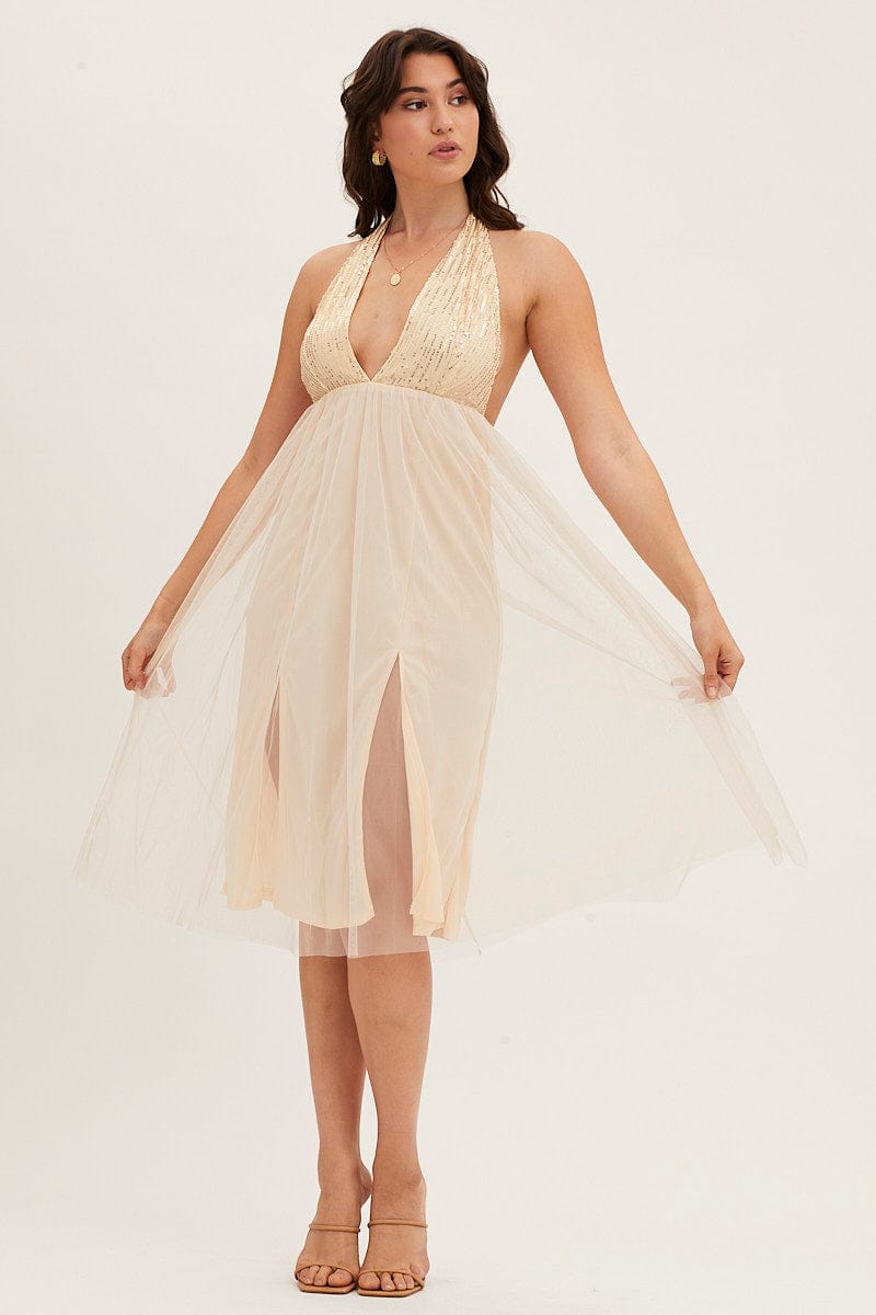 Beige Midi Dress Backless V Neck Lace