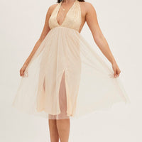 Beige Midi Dress Backless V Neck Lace