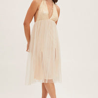 Beige Midi Dress Backless V Neck Lace