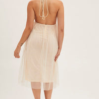 Beige Midi Dress Backless V Neck Lace