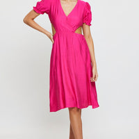 Pink Midi Dress Short Sleeve V Neck