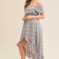 Print Midi Dress Short Sleeve Shirred Off Shoulder