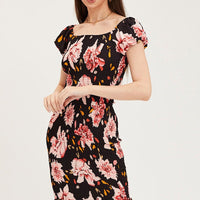 Print Shirred Midi Dress