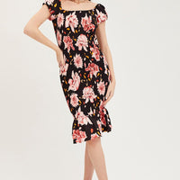 Print Shirred Midi Dress