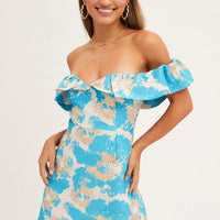 Print Volume Off Shoulder Jacquard Mini Dress