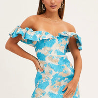 Print Volume Off Shoulder Jacquard Mini Dress