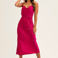 Purple Midi Dress Cowl Neck Tie Slip Satin
