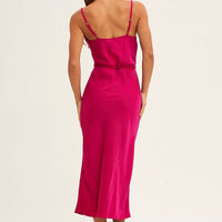 Purple Midi Dress Cowl Neck Tie Slip Satin