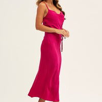 Purple Midi Dress Cowl Neck Tie Slip Satin