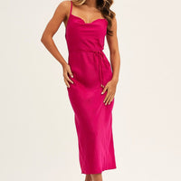 Purple Midi Dress Cowl Neck Tie Slip Satin