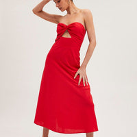 Red Bandeau Dress Sleeveless Midi Sweetheart