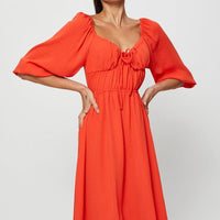 Red Midi Dress Short Sleeve Sweetheart Neckline