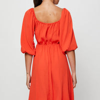Red Midi Dress Short Sleeve Sweetheart Neckline